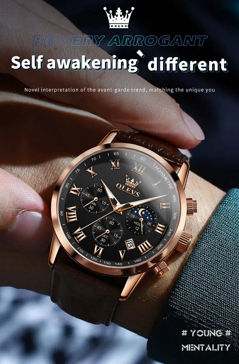 OLEVS 5529 men's luxury watch with rose-gold case, black Roman numeral dial, moon phase, leather strap