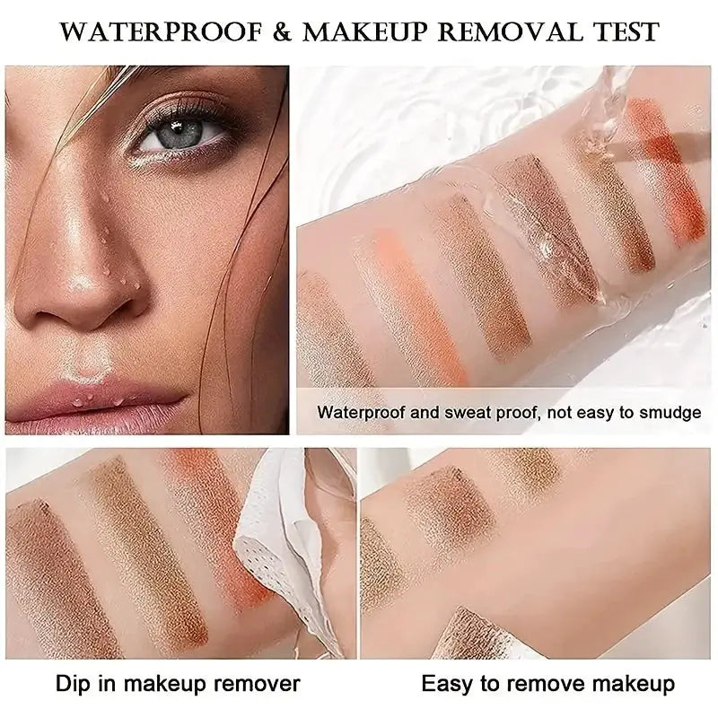 Two-color gradient eye shadow stick; arm swatches show multiple shades and close-up eye makeup.
