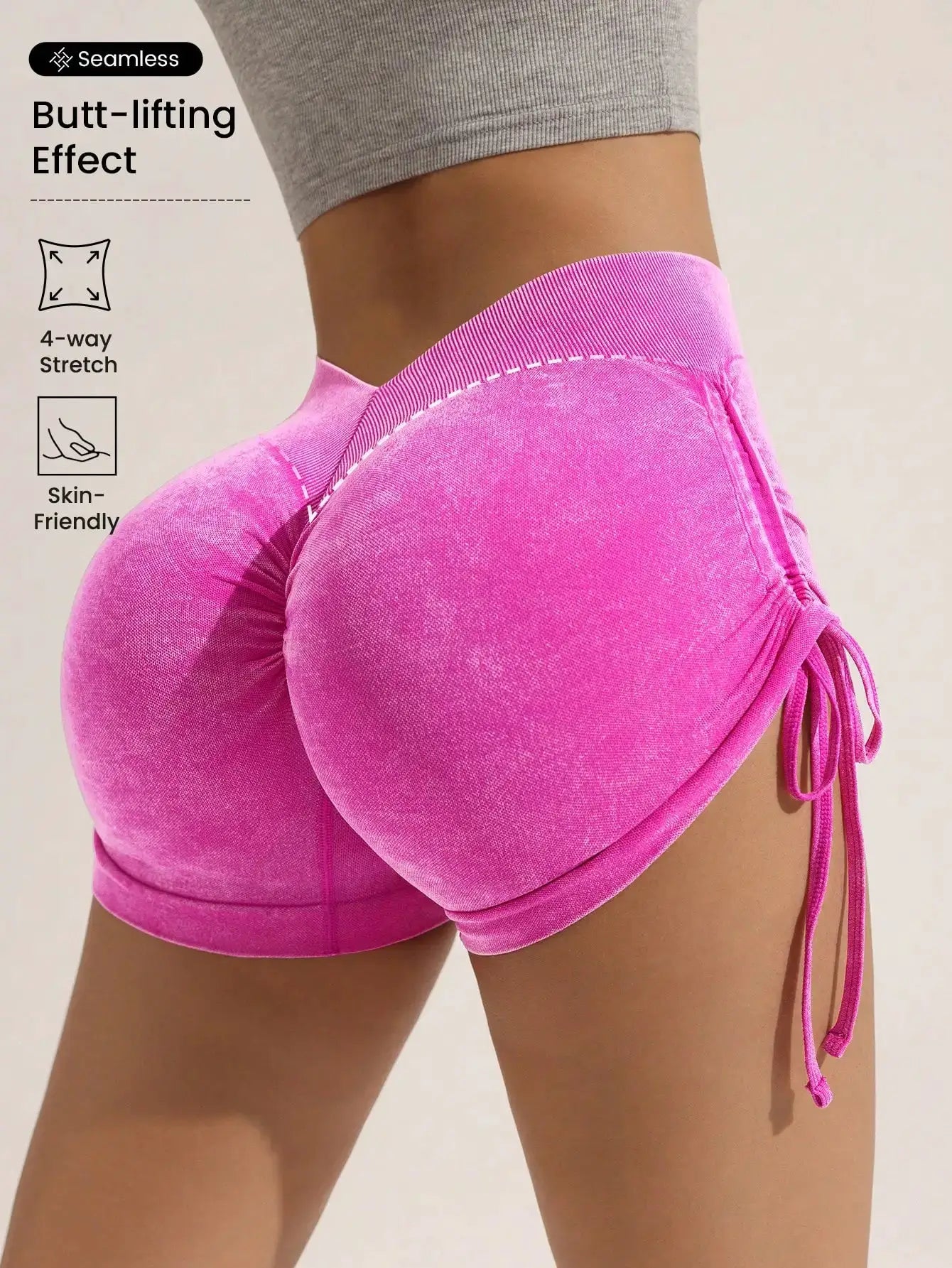 Drawstring frosted shorts for women by Simples Market in pink with 4-way stretch and skin-friendly fabric