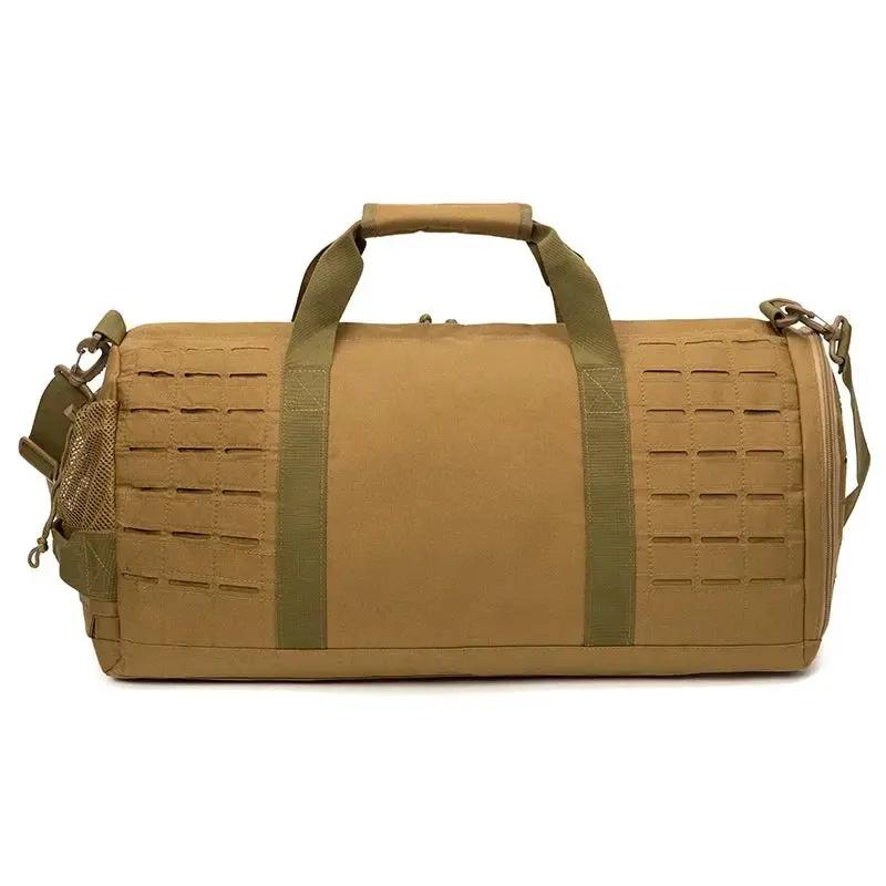 40L tactical gym duffel bag, tan with dual carry handles and detachable strap
