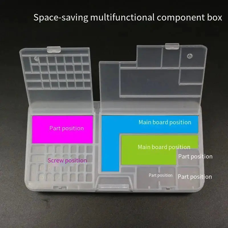 Double-layer phone repair storage box by Simples Market, clear PVC with labeled compartments: parts, screws and boards