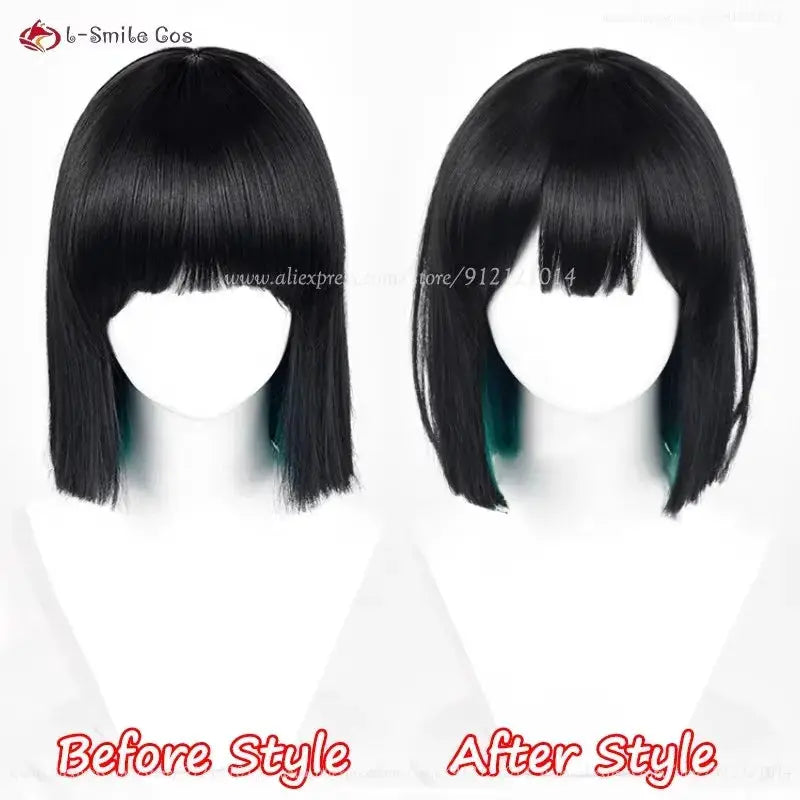 Simples Market anime cosplay wig, 30cm black and green mixed heat-resistant synthetic hair, bob style (2 wigs shown).