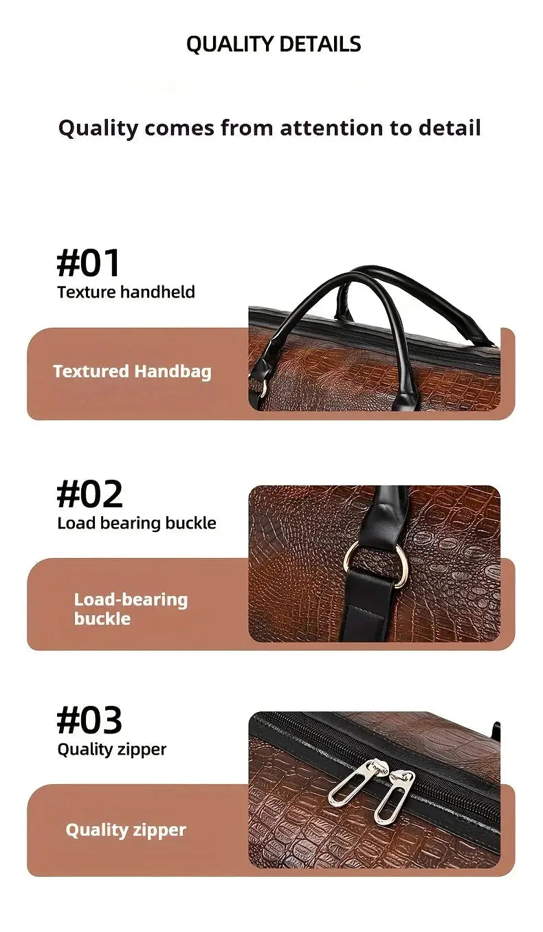 Large-capacity crocodile-textured travel duffel bag by Simples Market in brown with sturdy handles and metal zipper.