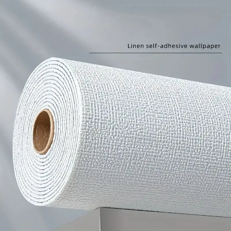 Simples Market linen self-adhesive wallpaper roll, white textured PVC, waterproof 3D linen finish