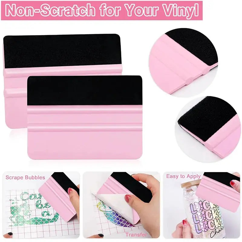 Simples Market pink felt-edge squeegee set for vinyl wrap; two plastic scrapers with black felt edges.