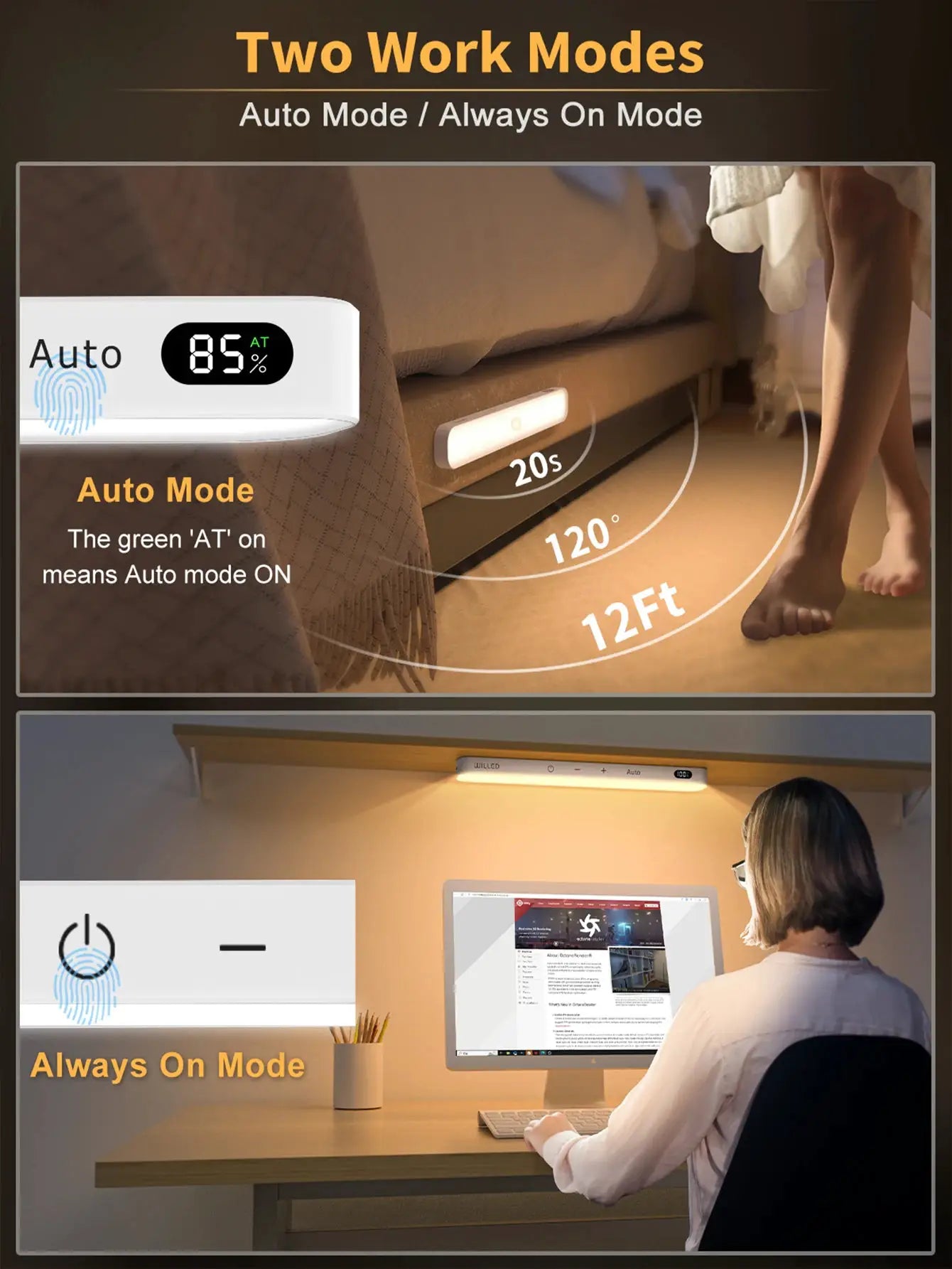 WILLED warm-light motion sensor cabinet light with 60 LEDs, wireless rechargeable bar; Auto/Always On modes by Simples Market