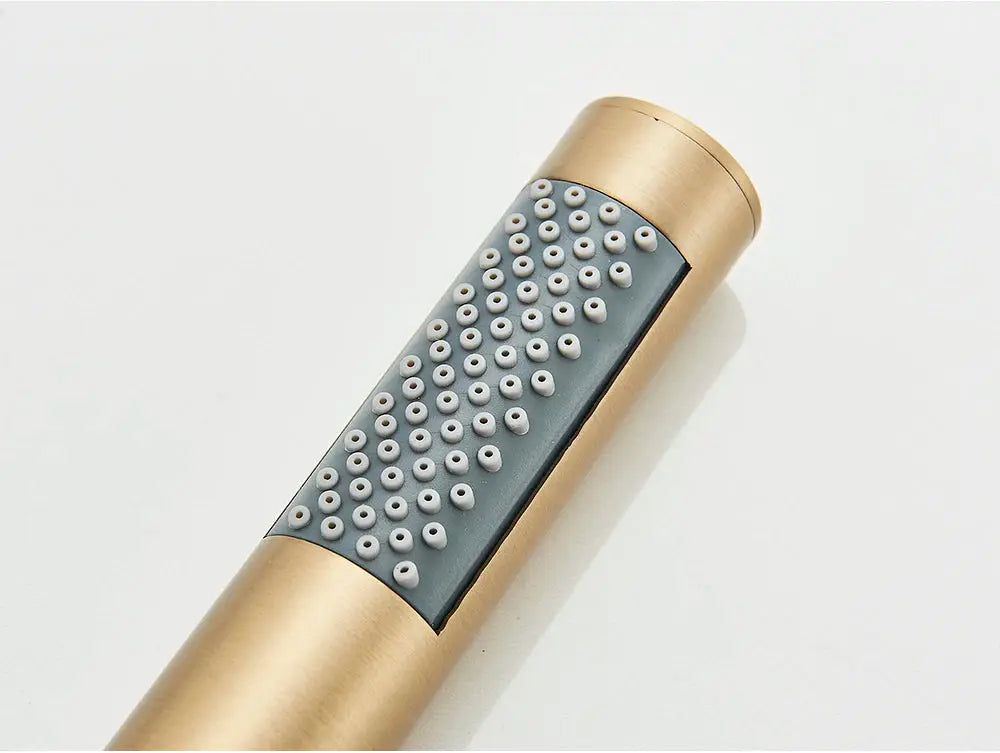 Brushed gold handheld shower head with grey silicone nozzle plate, single-function plastic head.