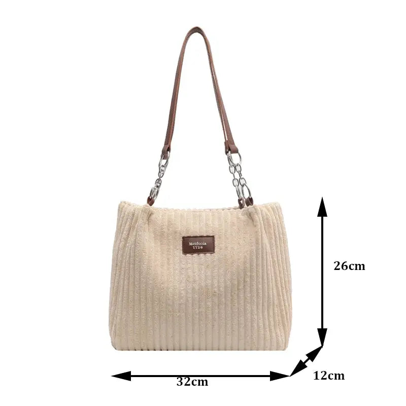 Women corduroy shoulder bag by Simples Market, beige handbag with fixed brown strap and large capacity