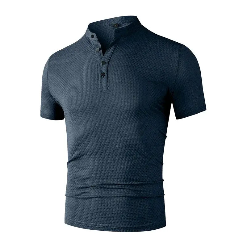 Men's navy blue textured polo shirt with 3-button placket, short sleeves