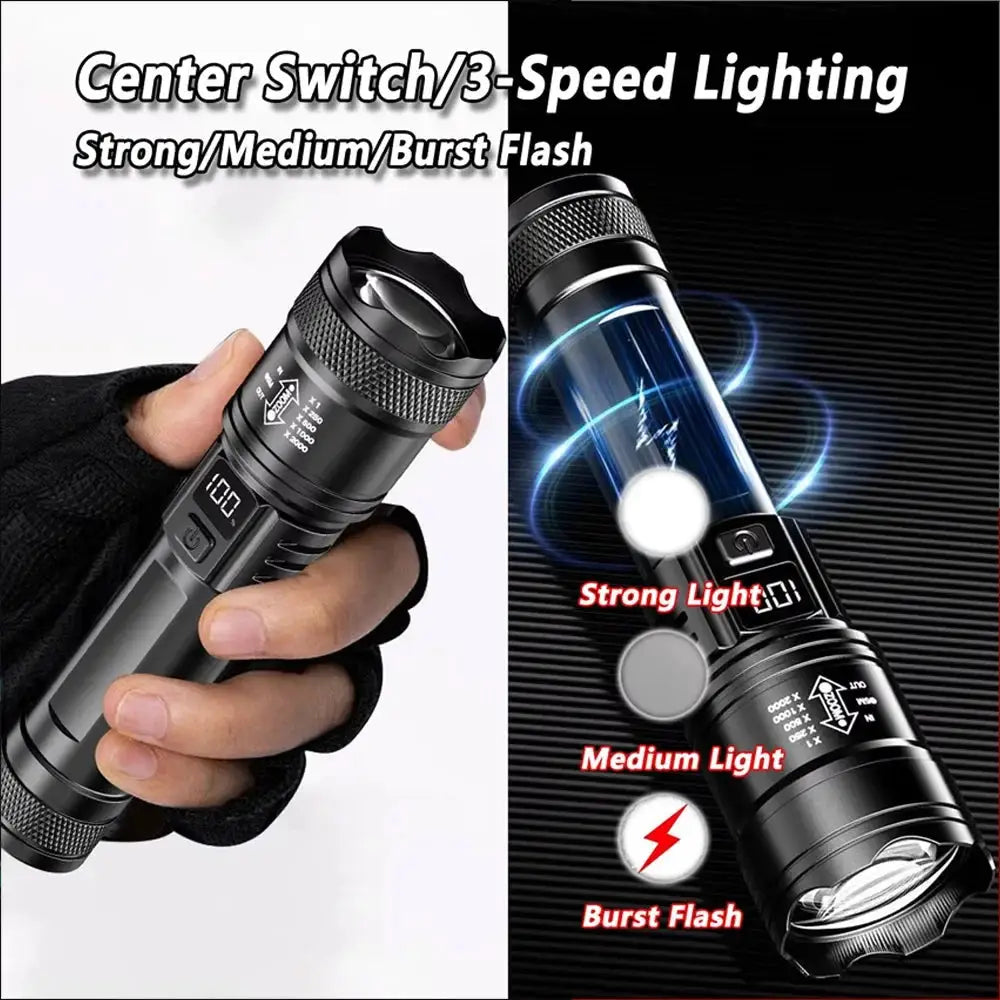 Simples Market 100000LM black rechargeable LED flashlight, long-range tactical torch for outdoor waterproof camping