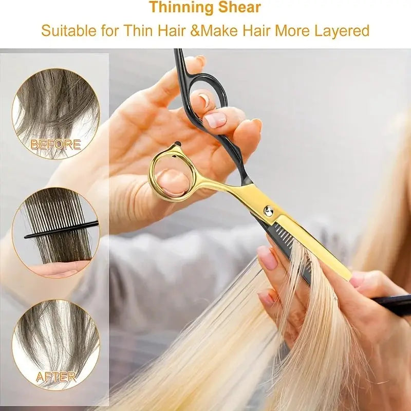 Simples Market professional gold hair cutting scissors set with thinning shears, cape, combs and clips.