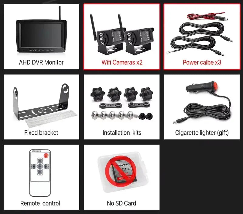 GreenYi AHD DVR monitor kit with 2 wifi cameras, 3 power cables, bracket, installation kits, cigarette lighter, remote, no SD card