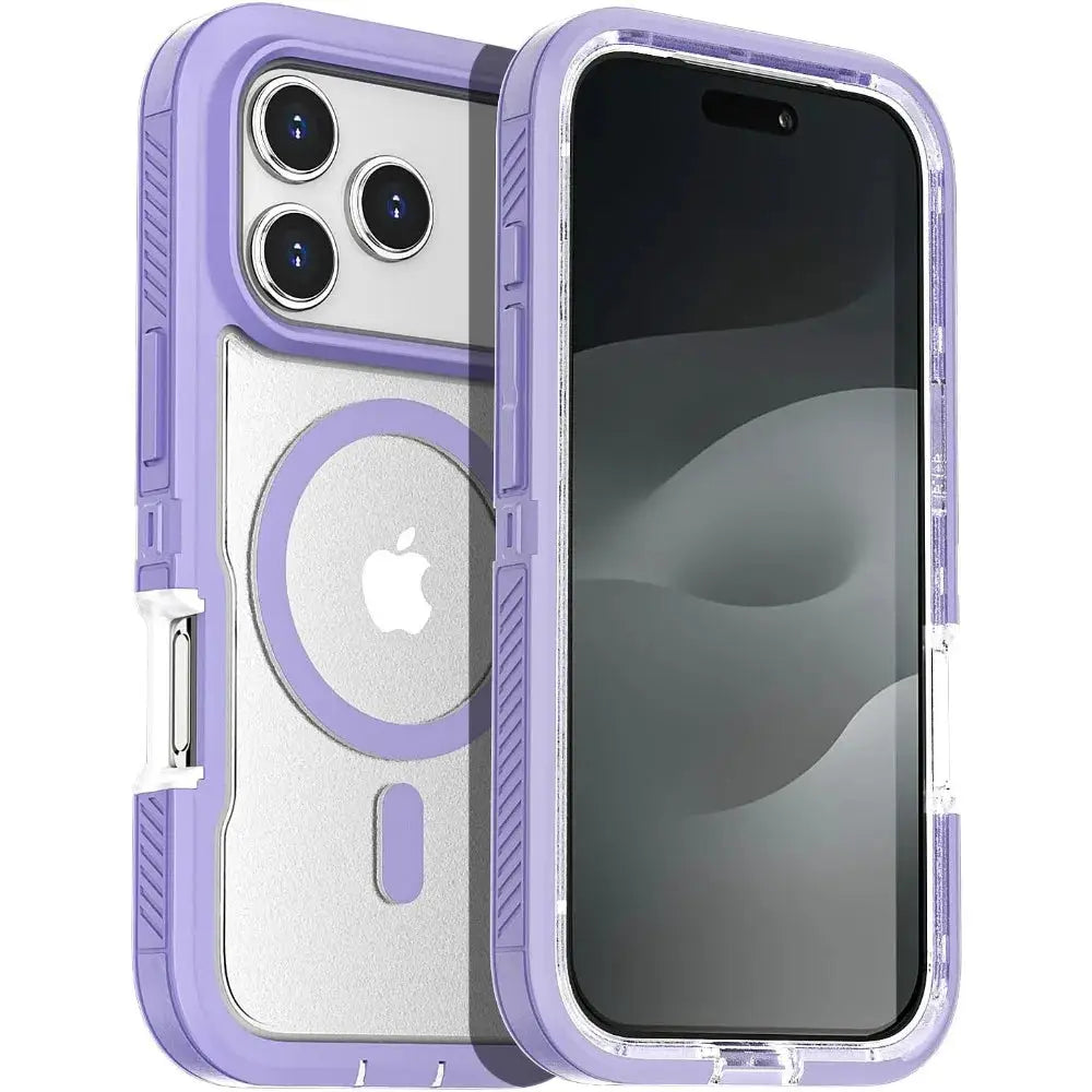 Matte clear magnetic iPhone case with purple bumper, anti-slip grip, wireless charging compatible