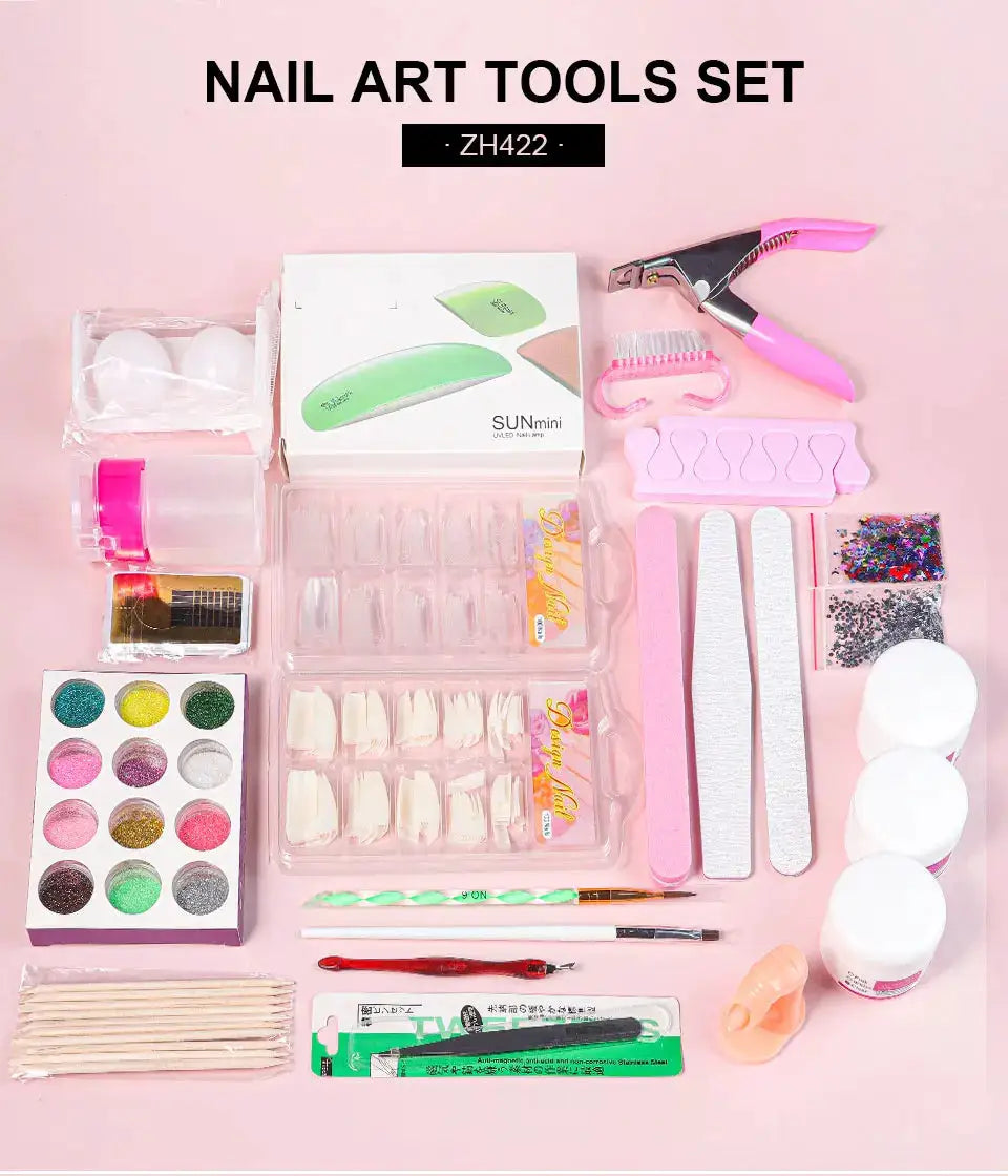Nail art tools set kit by Simples Market with pink case, glitter powders, tips, brushes, files and accessories.