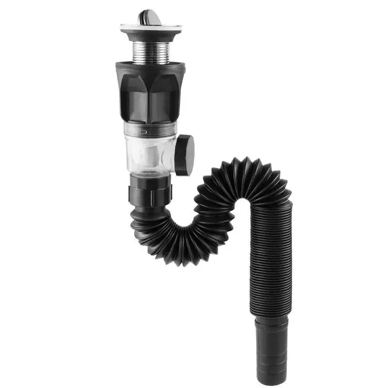 Universal flip washbasin drain assembly with black accordion hose and chrome top