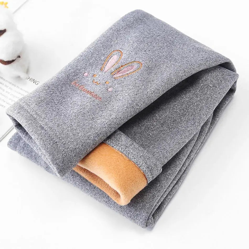 Girls 3 To 8 Years Fleece Lined Bunny Embroidered Leggings For Autumn Winter Thermal Tights
