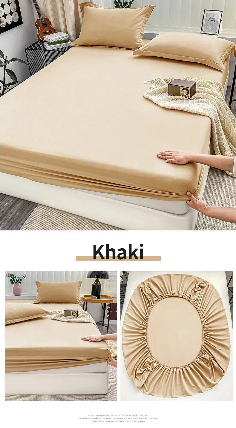 Khaki fitted bed sheet with elastic band for anti-slip; solid color; fits single to king beds
