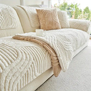 1pc Simples Market velvet sofa cover, cream striped, non-slip couch protector.