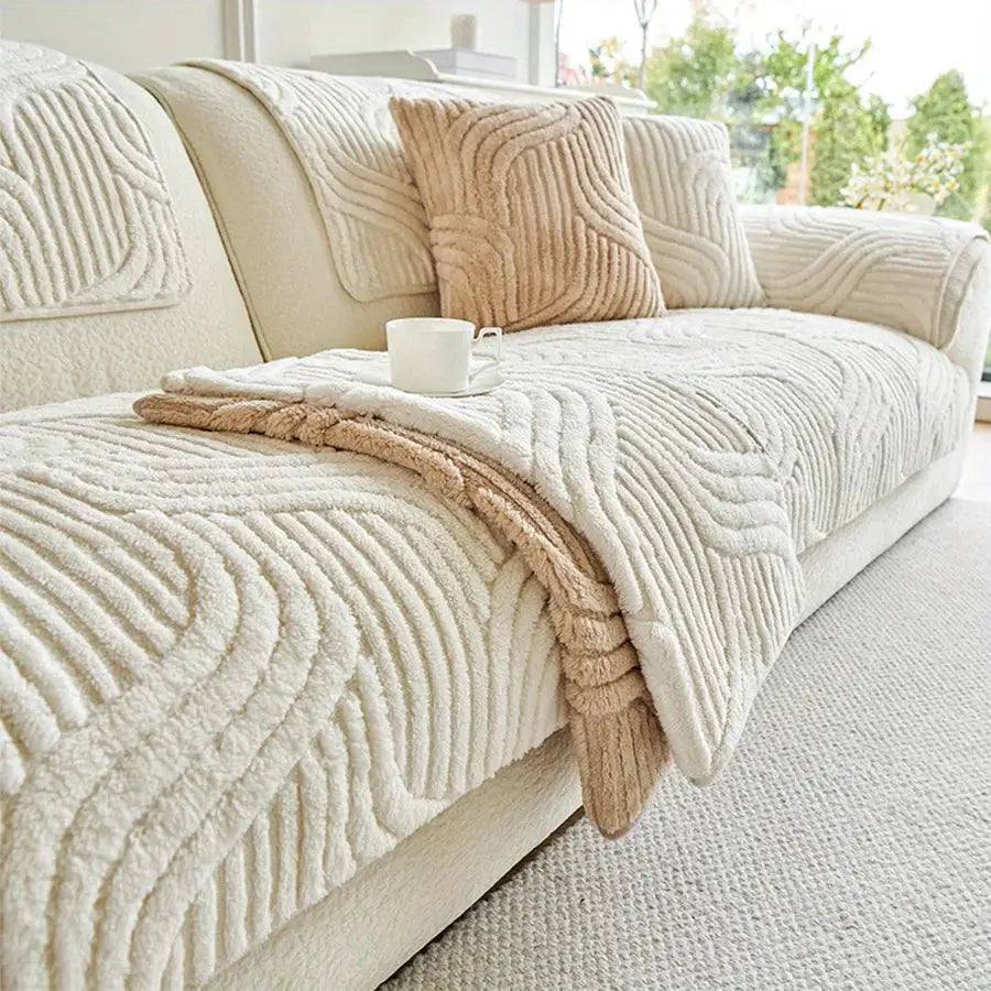 1pc Simples Market velvet sofa cover, cream striped, non-slip couch protector.