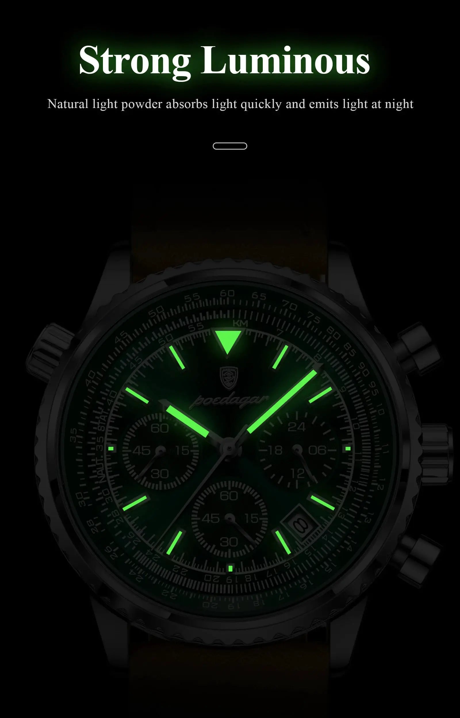 POEDAGAR men's wristwatch with green luminous dial, leather strap, chronograph, waterproof