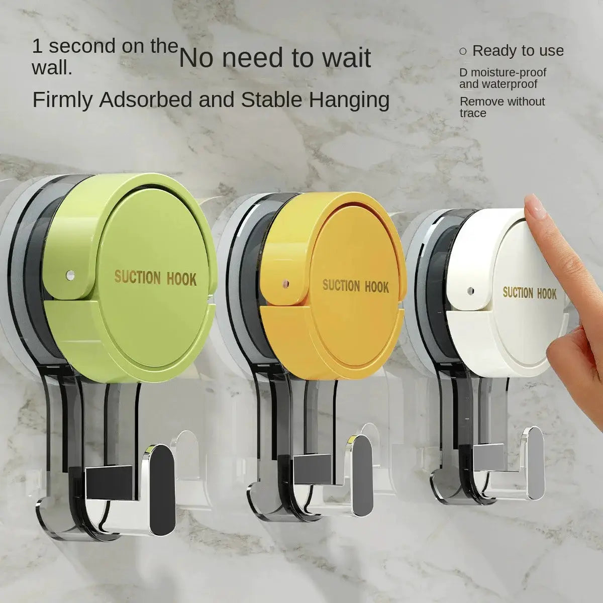 Three strong vacuum suction hooks in lime green, orange, and white with traceless adhesive for bathroom or kitchen.