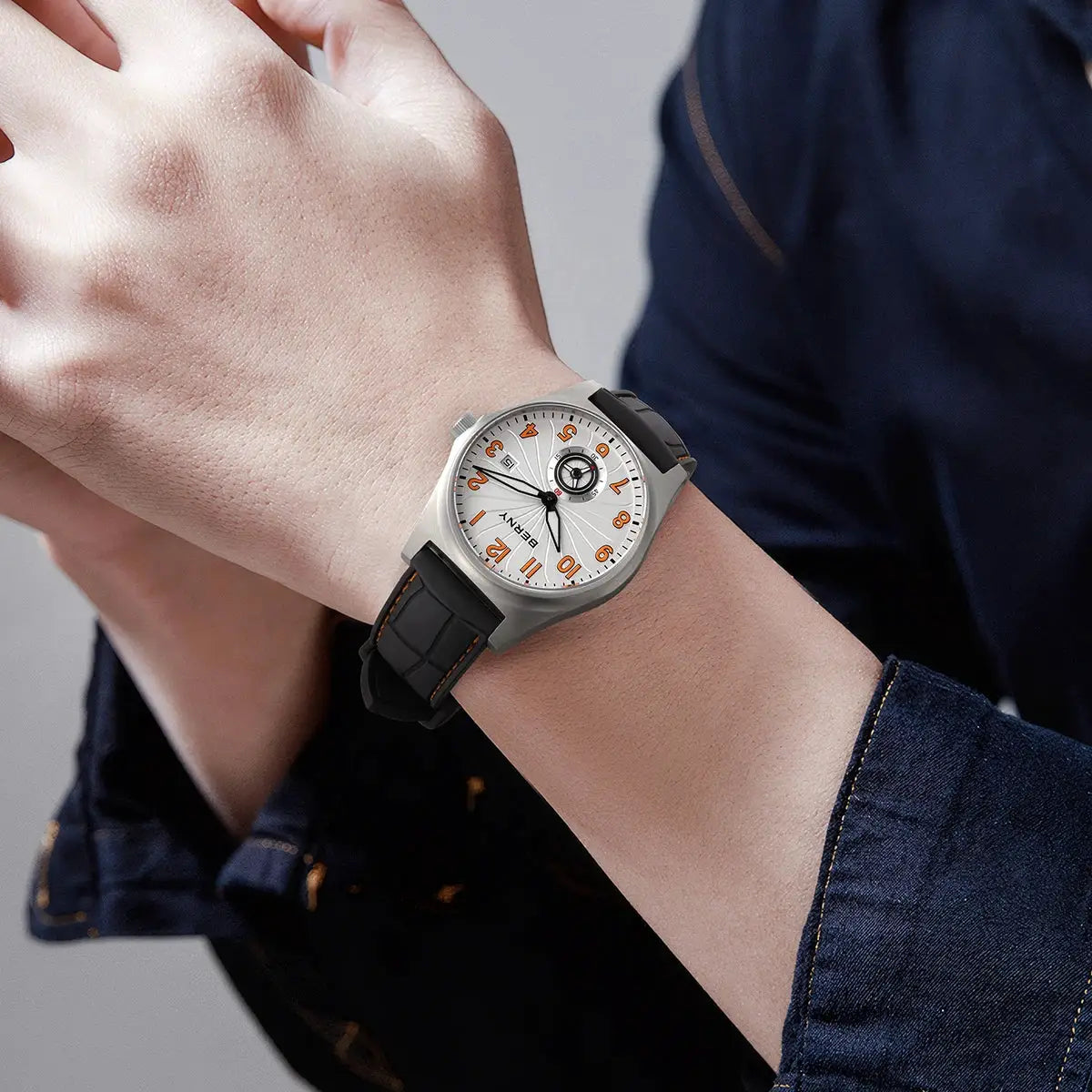 BERNY titanium automatic men’s watch with black rubber strap and orange numerals on silver dial