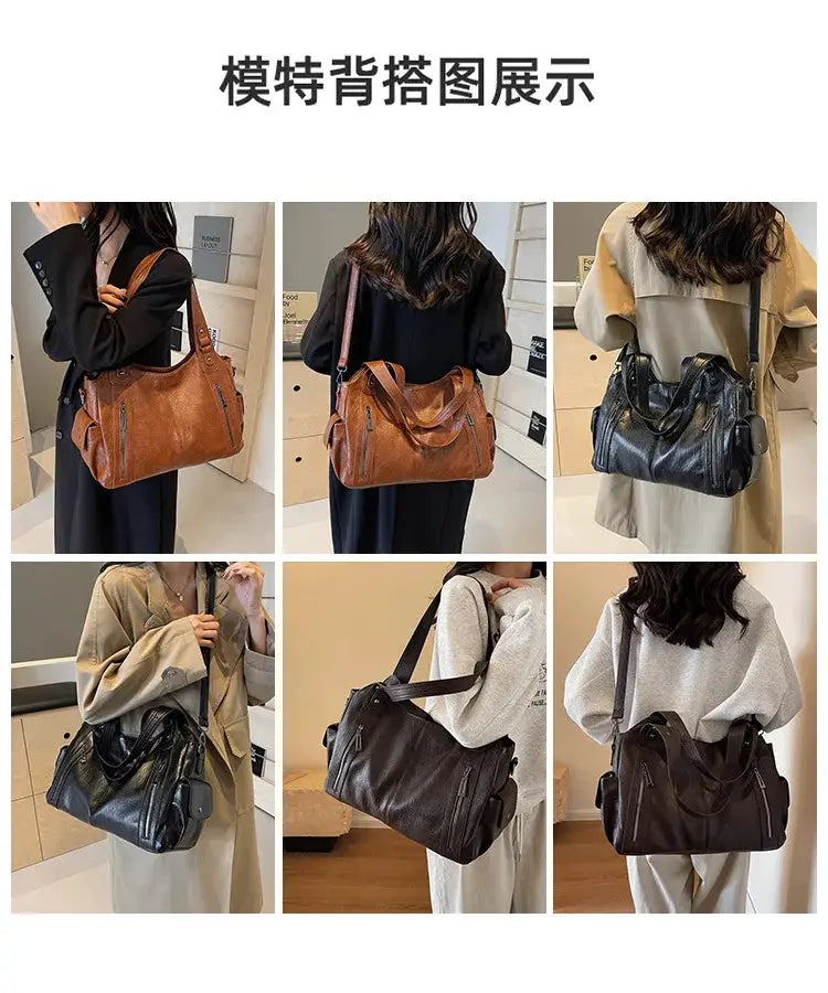 6 Soft Interior Compartment Shoulder Bags for Women in brown and black PU leather with zippers
