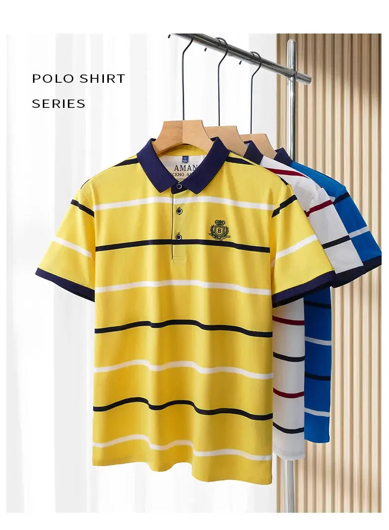 Simples Market men's striped polo shirt, yellow with navy stripes and crest embroidery, short sleeves; three on display.