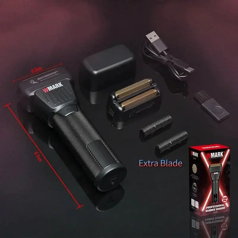 WMARK NG-7982 professional hair trimmer with titanium plating; includes extra blades, charging stand, USB cable.