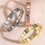 FTCY stainless steel Italian charm bracelets, 9mm elastic modular bands in silver, gold, and rose gold, set of three