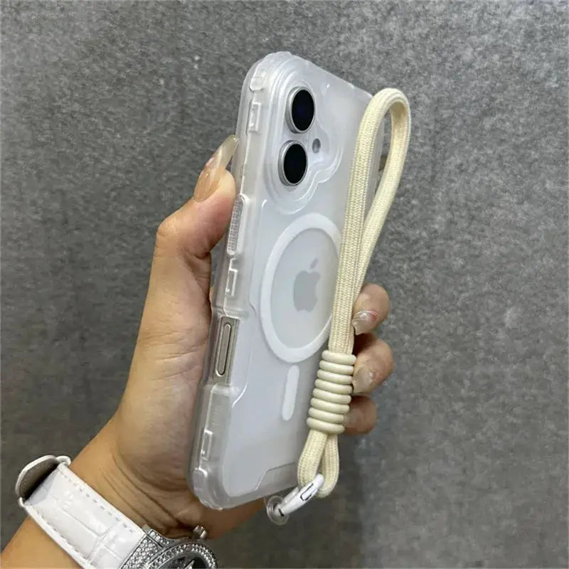 Clear MagSafe iPhone case with beige woven wrist strap lanyard, shockproof protection