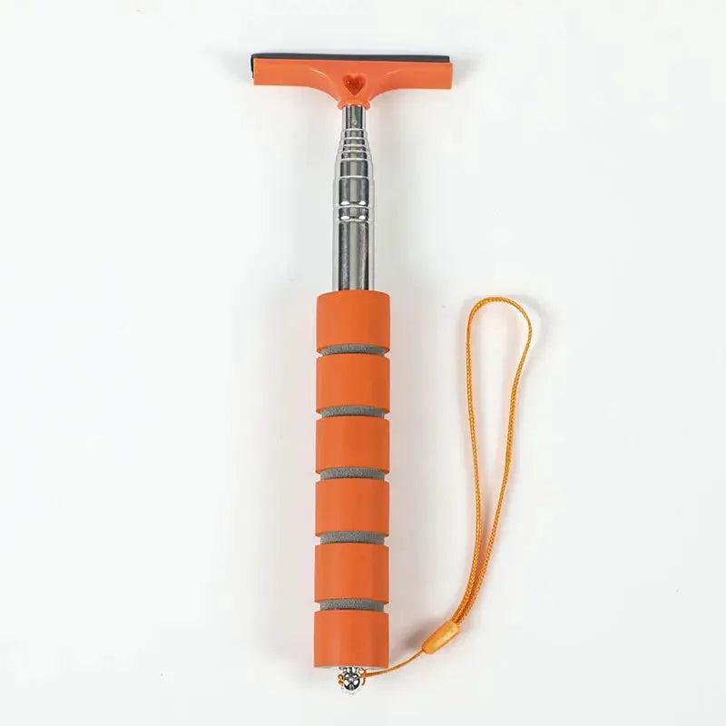 Car rearview mirror cleaning wiper tool with orange telescopic handle, gray grip sections and wrist strap