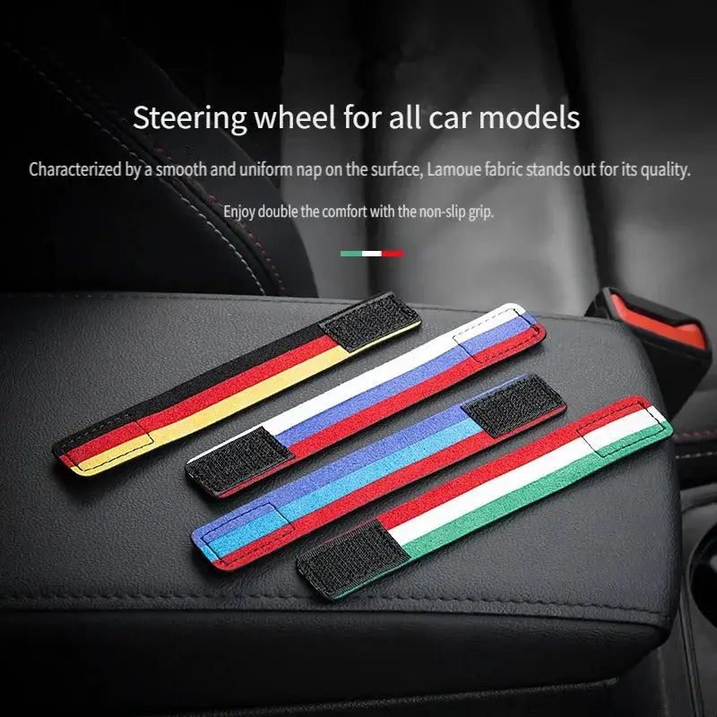 Steering wheel booster decor strips; multicolor flannel with Velcro ends for cars