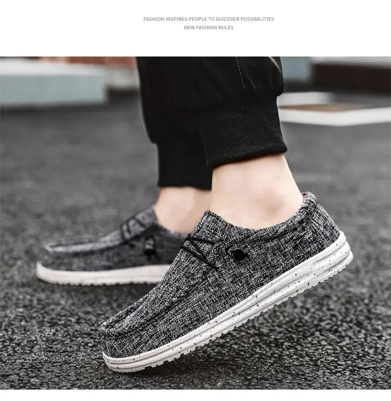 Men's casual canvas loafers Simples Market, gray knit upper with white speckled vulcanized sole