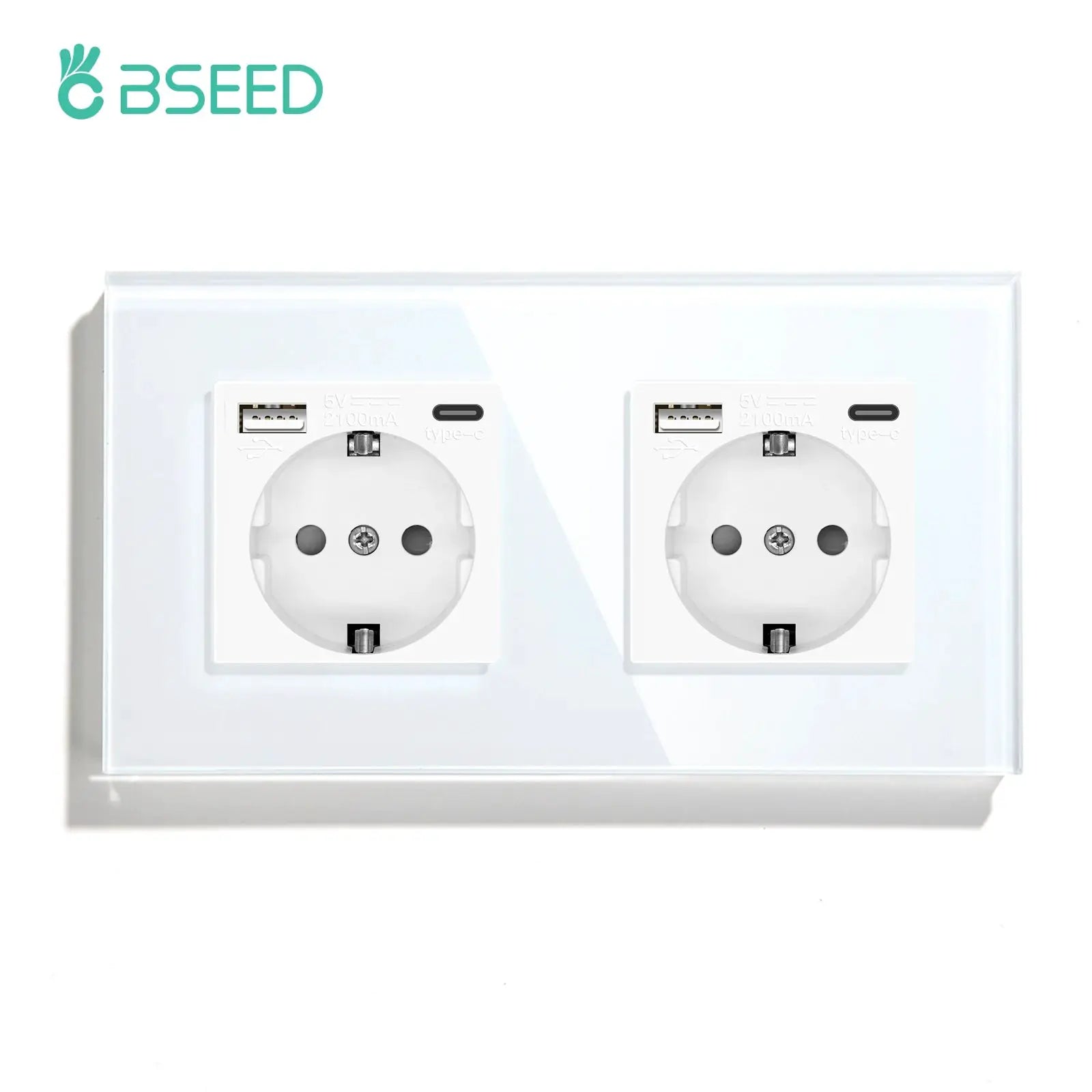 BSEED dual EU standard wall socket unit with USB-C port on a white glass panel, two USB-C charging outlets