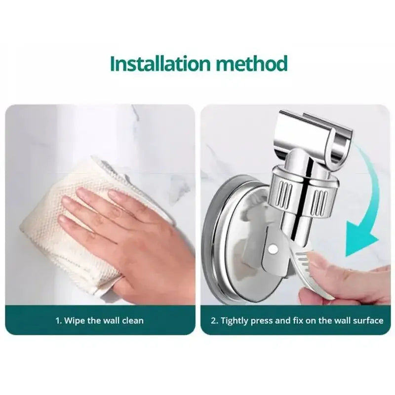 Adjustable shower rack with suction cup bracket for handheld shower head by Simples Market, two-step installation shown
