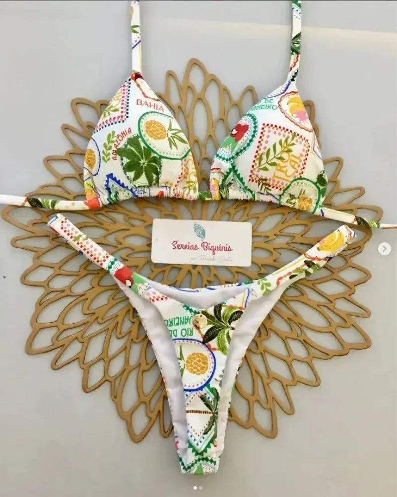Simples Market women's white tropical-print bikini set with halter top and thong bottom