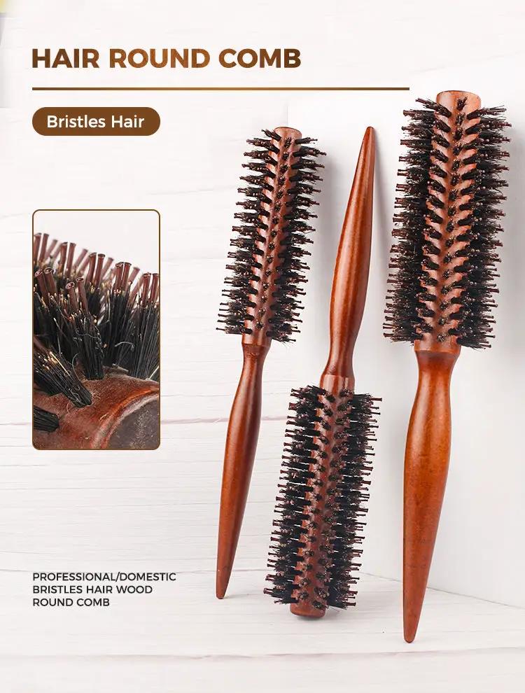 Brown wooden-handled round hair brushes, 3-piece set, with boar bristles