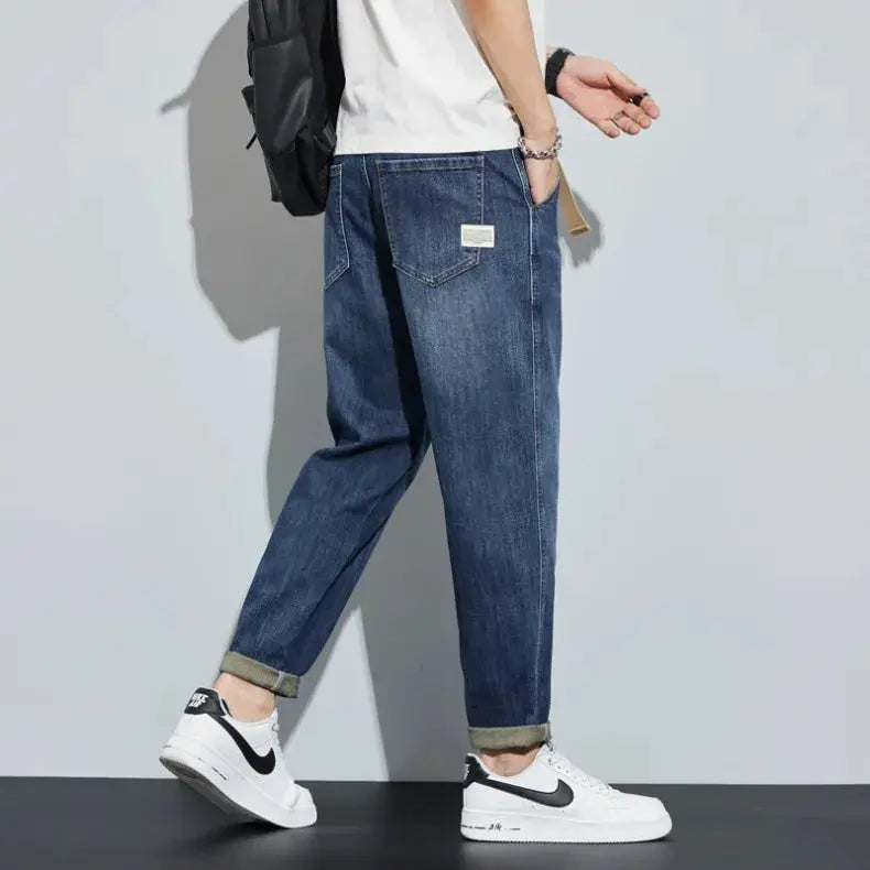 Men's winter fleece-lined denim jeans, dark blue, loose straight fit
