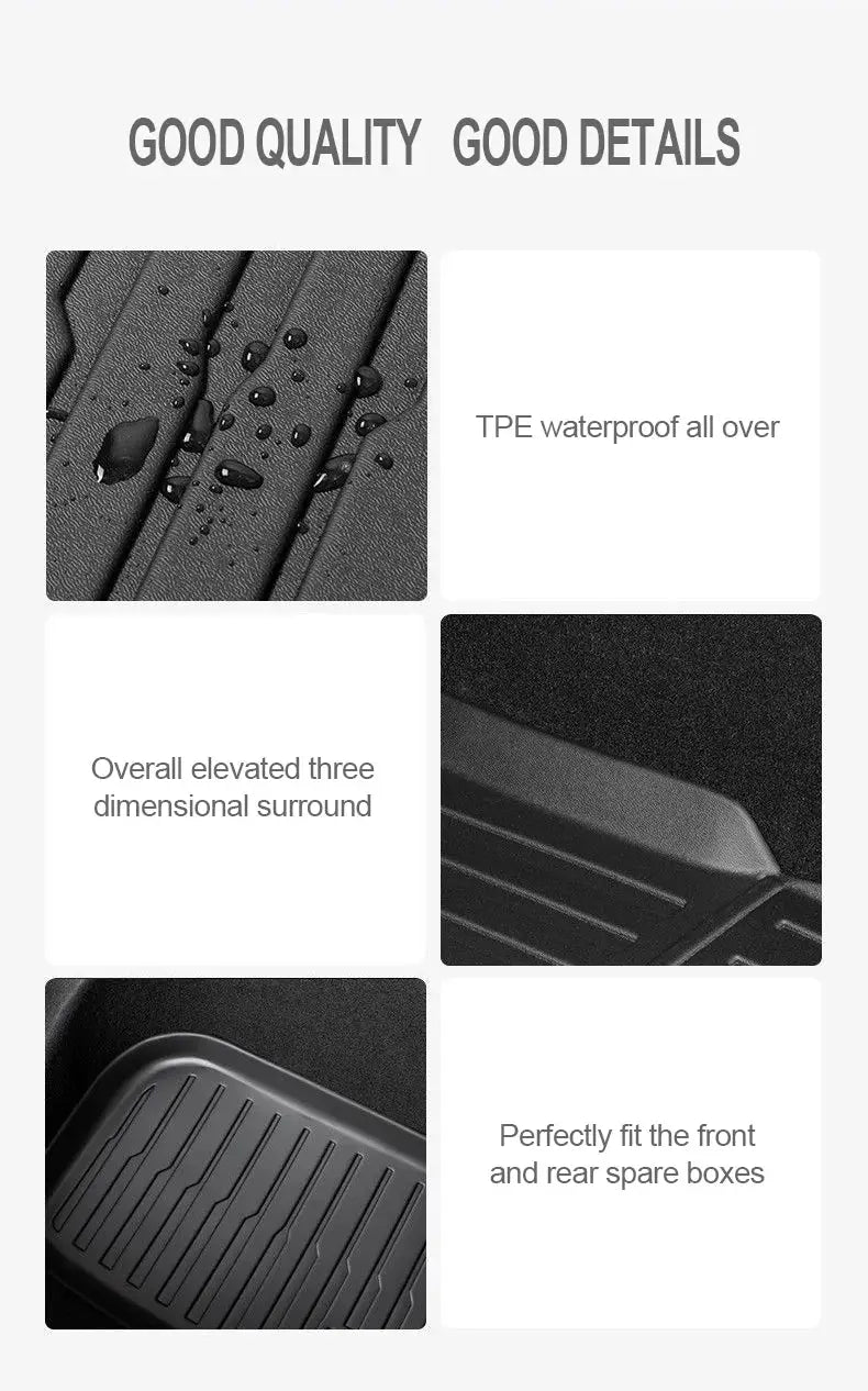 Tesla Model Y 2025+ TPE floor mats, black wear-resistant all-weather trunk and cargo mats.