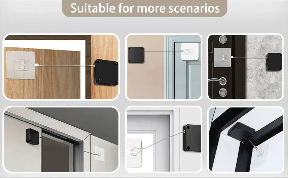 Simples Market punch-free automatic sensor door closer with pull cord; adjustable surface-mount bracket on doors.