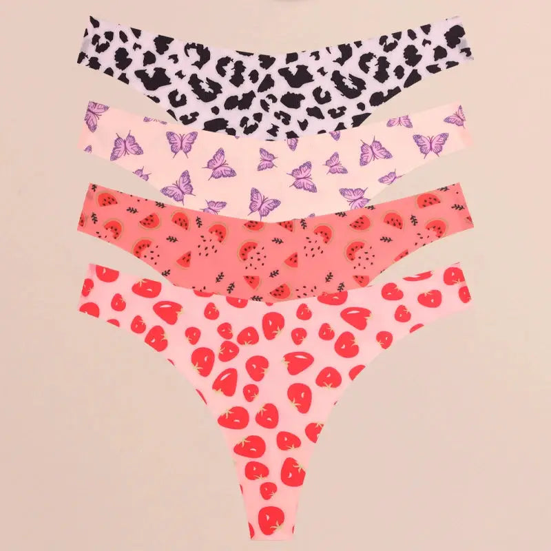 FINETOO 4Pcs Ultra Soft Thongs set with leopard, butterfly, watermelon, and cherry prints