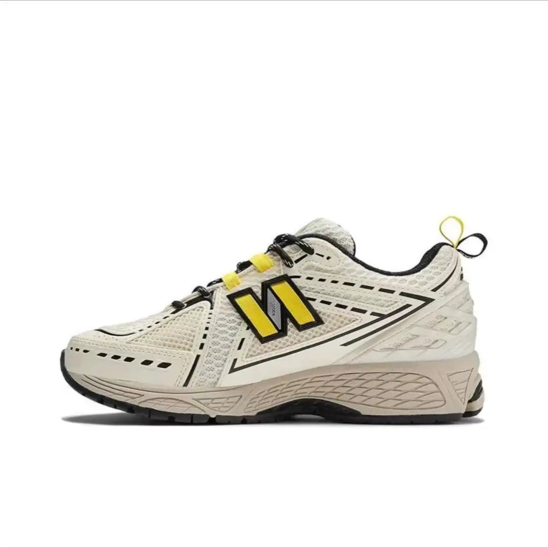 Beige retro dad sneakers with breathable mesh and yellow N-logo
