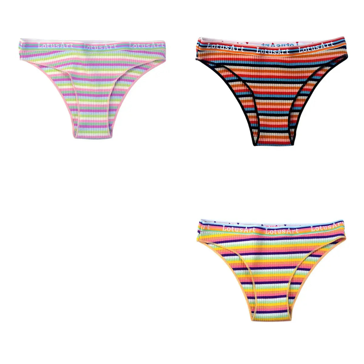 Three-pack cotton striped low-rise panties for women with LotusArt waistband; pastel, orange-blue, and rainbow sets.