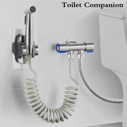 Handheld bidet sprayer set in stainless steel with coiled hose and wall-mount bracket.