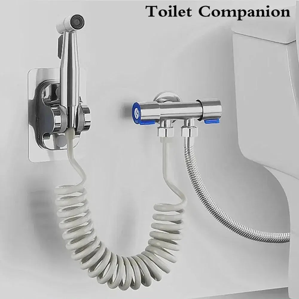 Handheld bidet sprayer set in stainless steel with coiled hose and wall-mount bracket.