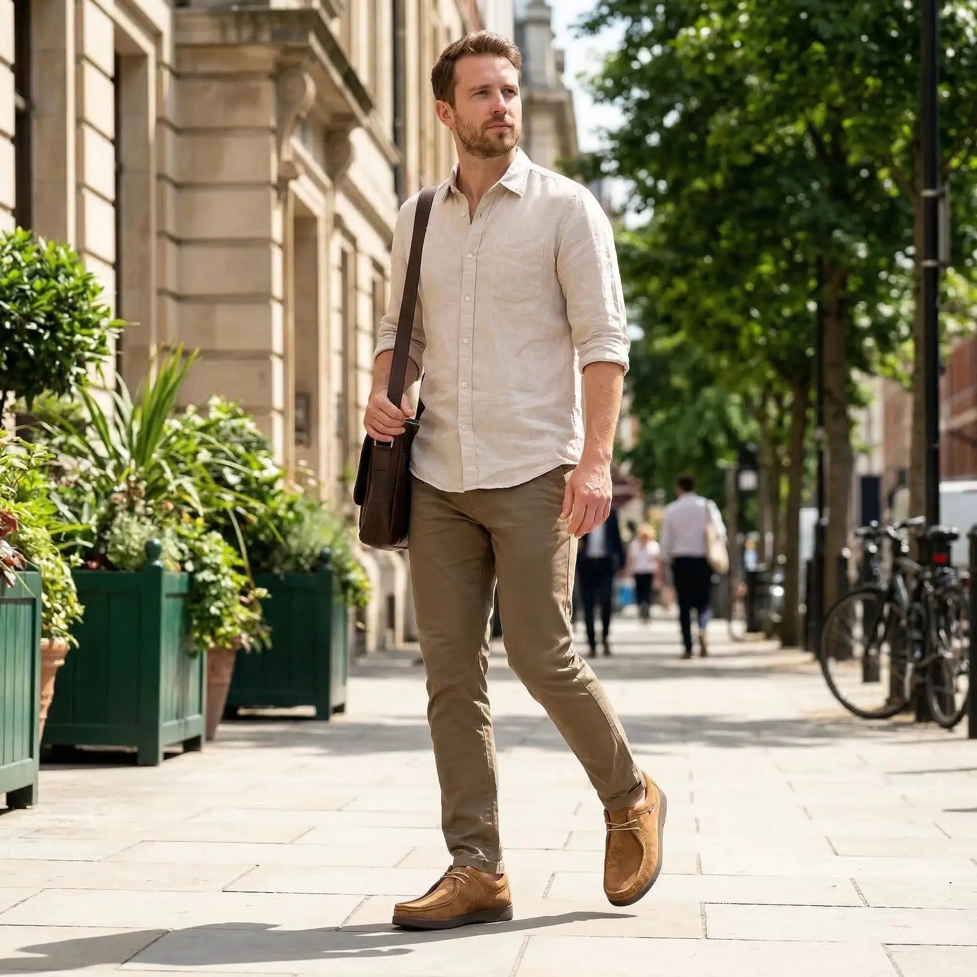 Men's casual leather loafers with hand-sewn details, tan moccasin-style shoes