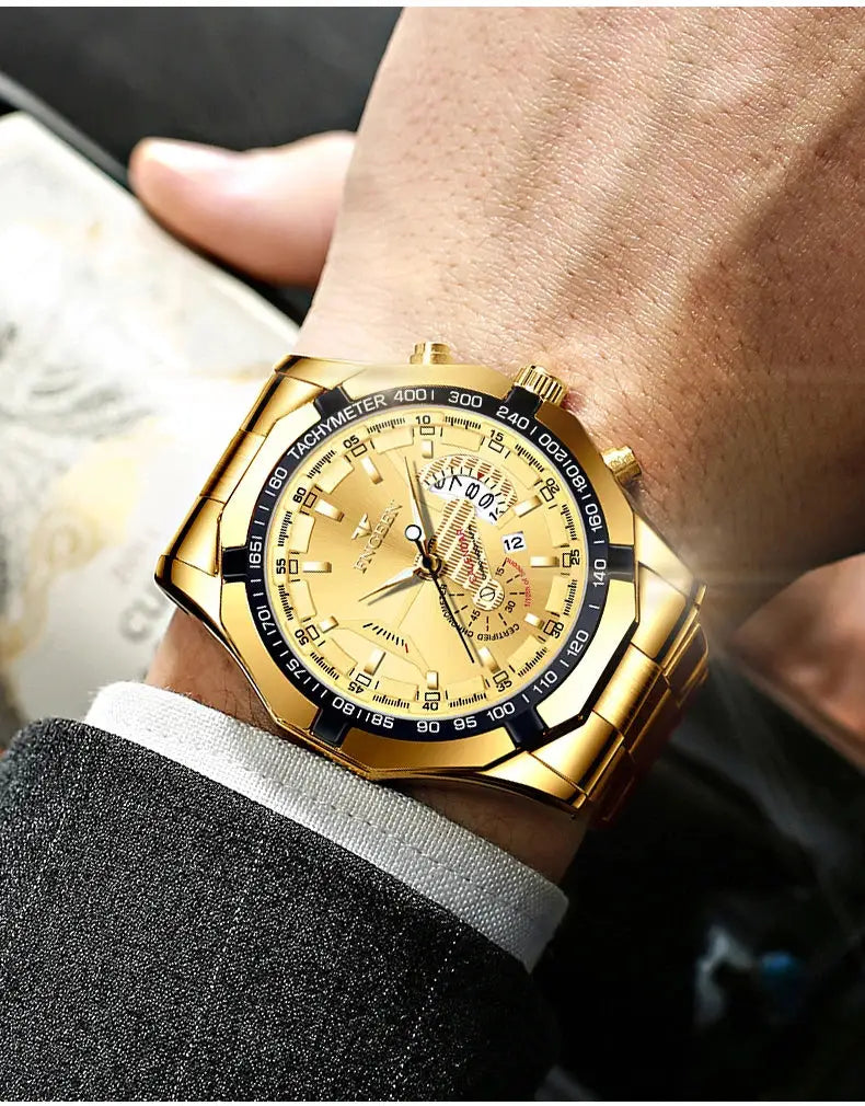 BINBOND original quartz men's wristwatch, gold-tone stainless steel with black tachymeter bezel