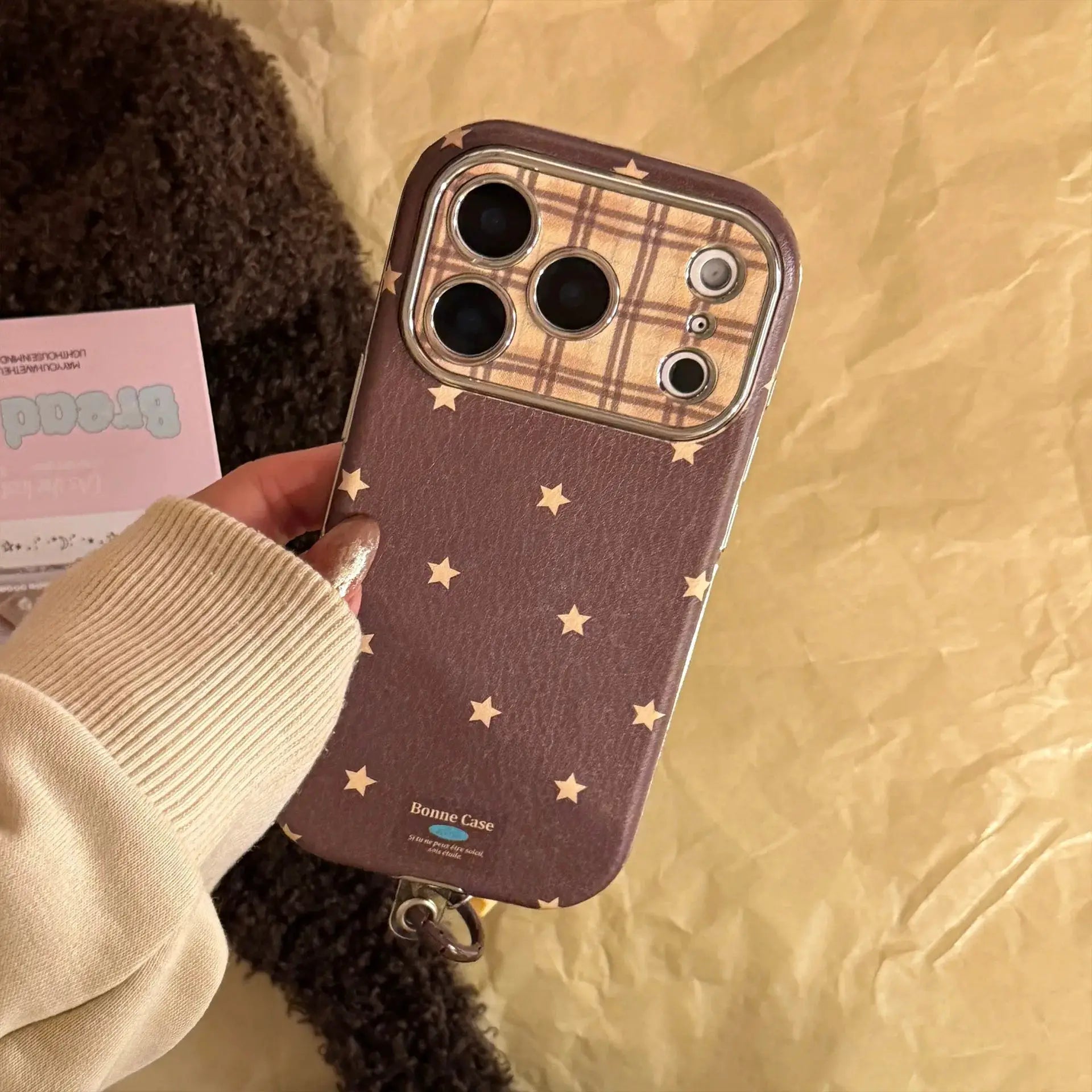 Phone case brown leather texture with star pattern and plaid camera area for iPhone Pro Max, pendant, shockproof