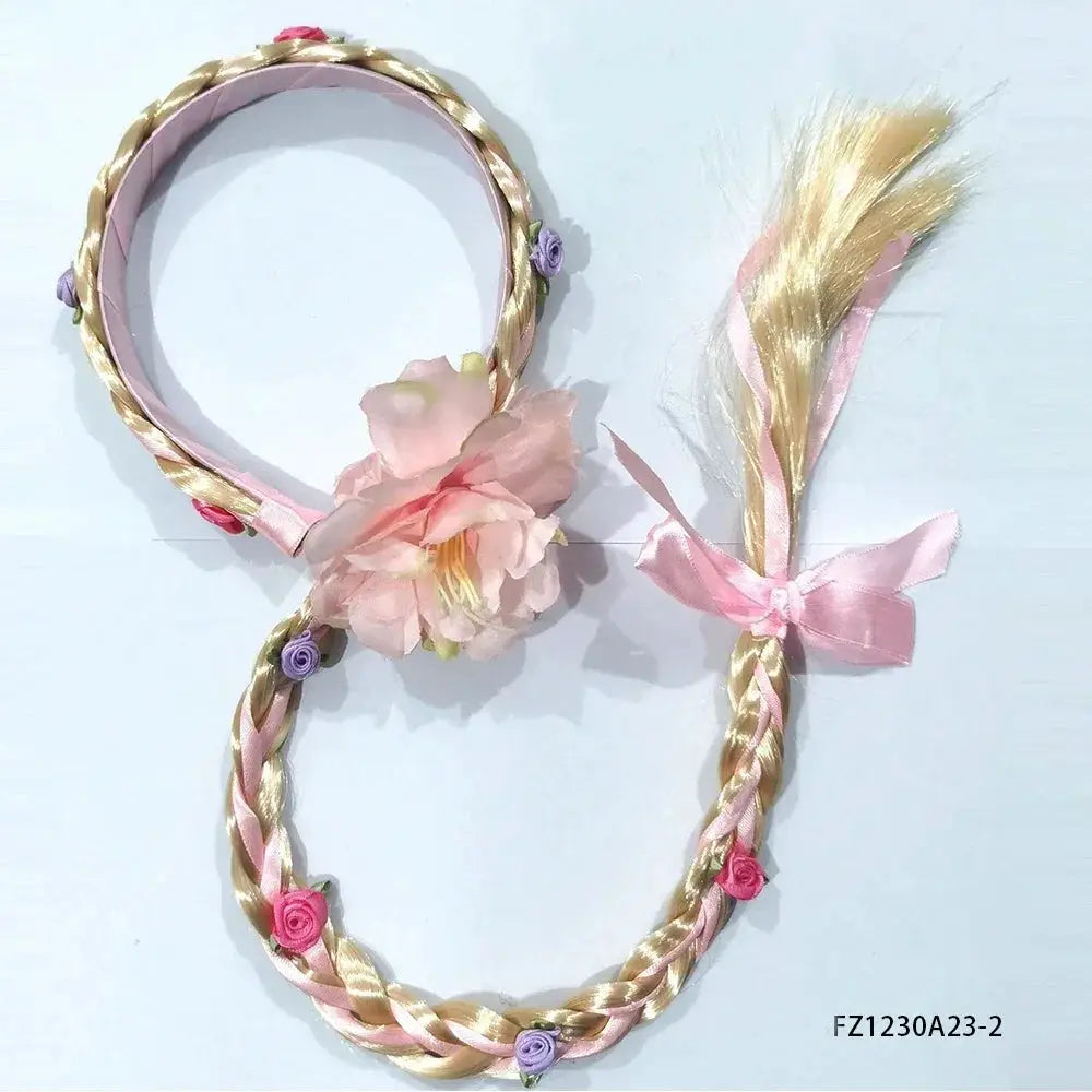 Princess Rapunzel wig set by Simples Market: long blonde braided wig with pink ribbons and floral headband.